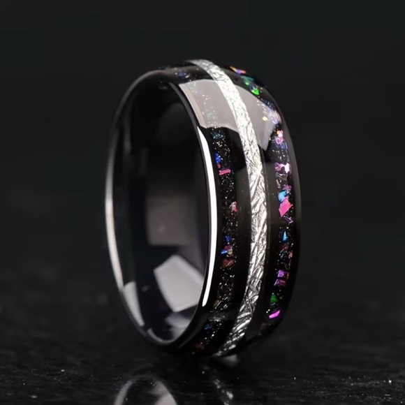 Black Gunmetal Plated Stainless Steel Ring Galaxy Sky Stars Inlay Silver Accent - Picture 7 of 16